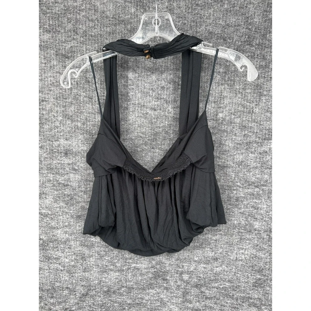Free People Tank Top Womens S Black Halter Cross Strap Bubble Hem Cami